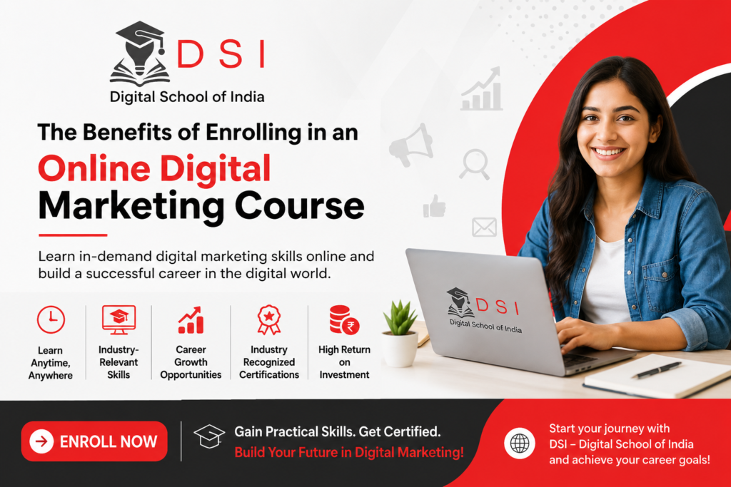 DSI – Digital School of India promotional poster highlighting the benefits of enrolling in an online digital marketing course. The design features the DSI logo, bold red and black typography, key benefits including flexible learning, in-demand skills, certification support, and better career opportunities, along with a strong "Enroll Today" call-to-action.