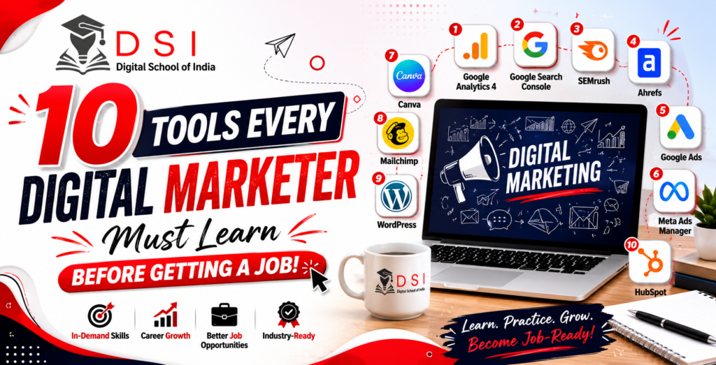DSI – Digital School of India poster featuring the headline “10 Tools Every Digital Marketer Must Learn Before Getting a Job” on a dark blue background. The design highlights essential digital marketing tools including Google Analytics 4, Google Search Console, SEMrush, Ahrefs, Google Ads, Meta Ads Manager, Canva, Mailchimp, WordPress, and HubSpot, along with a motivational message encouraging learners to become job-ready.