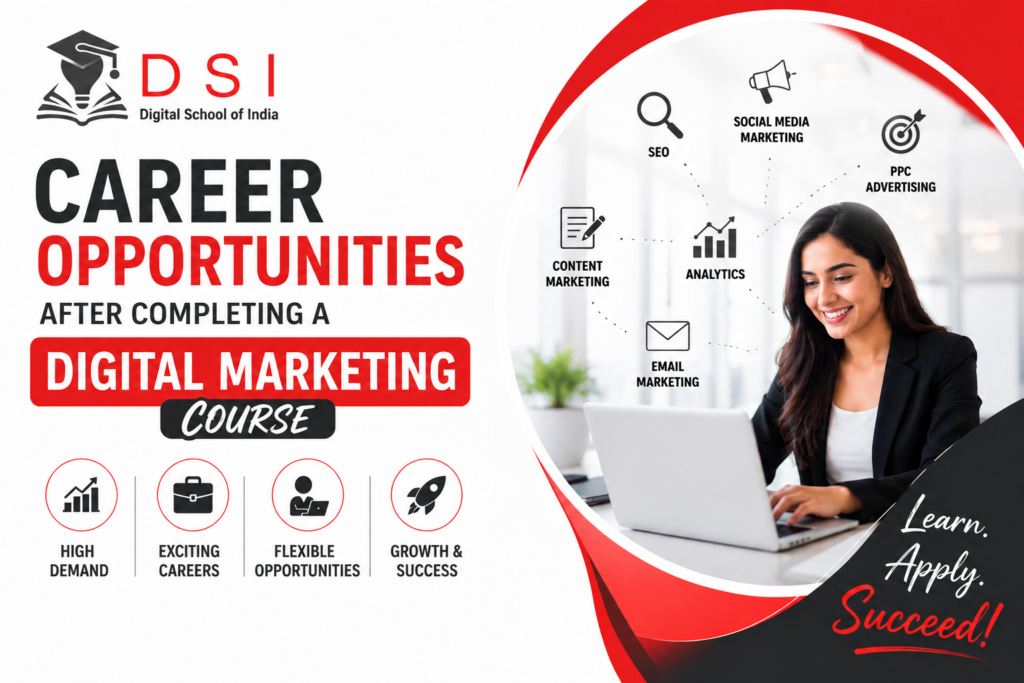 DSI – Digital School of India poster highlighting career opportunities after completing a digital marketing course, featuring a professional working on a laptop and key career roles such as SEO Specialist, Social Media Manager, PPC Specialist, Content Marketer, Email Marketing Specialist, and Digital Marketing Executive.