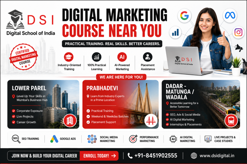 DSI Digital School of India banner promoting Digital Marketing Courses in Lower Parel, Prabhadevi, and Dadar–Matunga/Wadala, featuring practical training, AI-powered marketing, placement assistance, and contact number +91-8451902555.