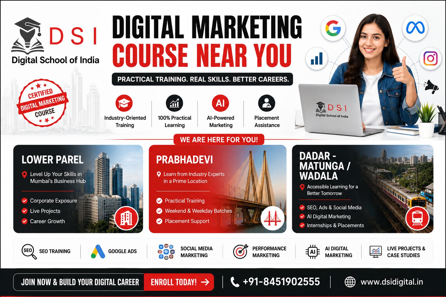 DSI Digital School of India banner promoting Digital Marketing Courses in Lower Parel, Prabhadevi, and Dadar–Matunga/Wadala, featuring practical training, AI-powered marketing, placement assistance, and contact number +91-8451902555.