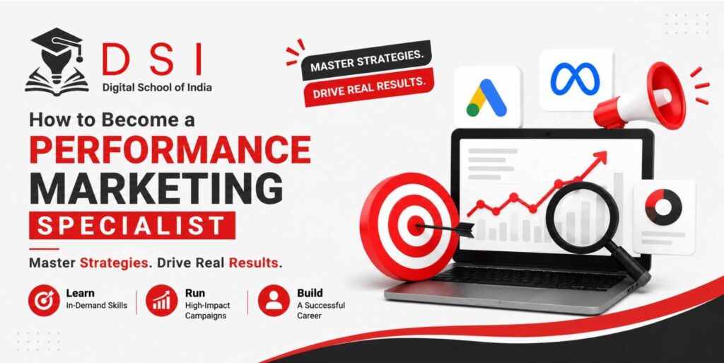 Performance Marketing Specialist training banner by Digital School of India (DSI) featuring Google Ads, Meta Ads, analytics, campaign optimization, and digital marketing career growth.