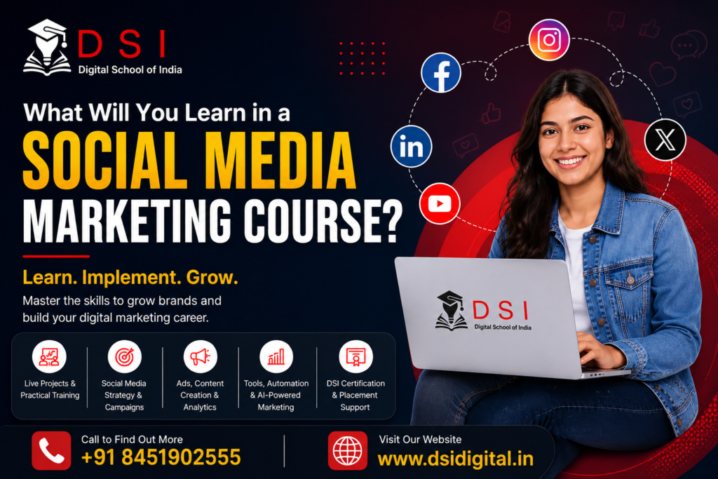 DSI – Digital School of India Social Media Marketing Course banner featuring a student with a laptop, social media platform icons, course benefits, contact number +91 8451902555, and website www.dsidigital.in