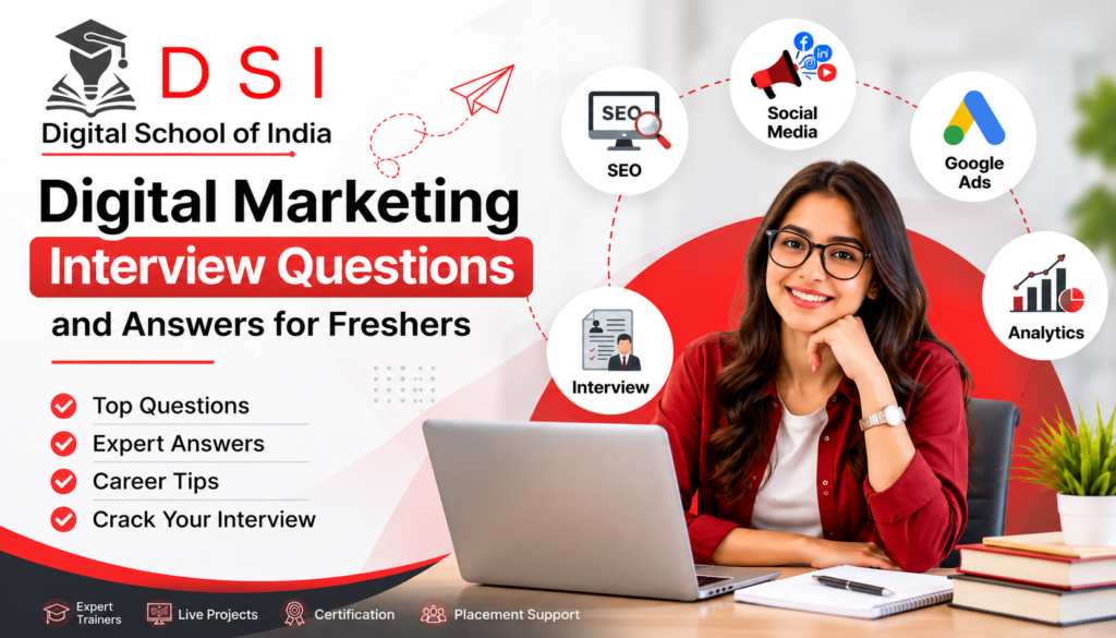 Digital Marketing Interview Questions and Answers for Freshers banner by DSI – Digital School of India featuring SEO, Social Media Marketing, Google Ads, Analytics, and interview preparation topics.
