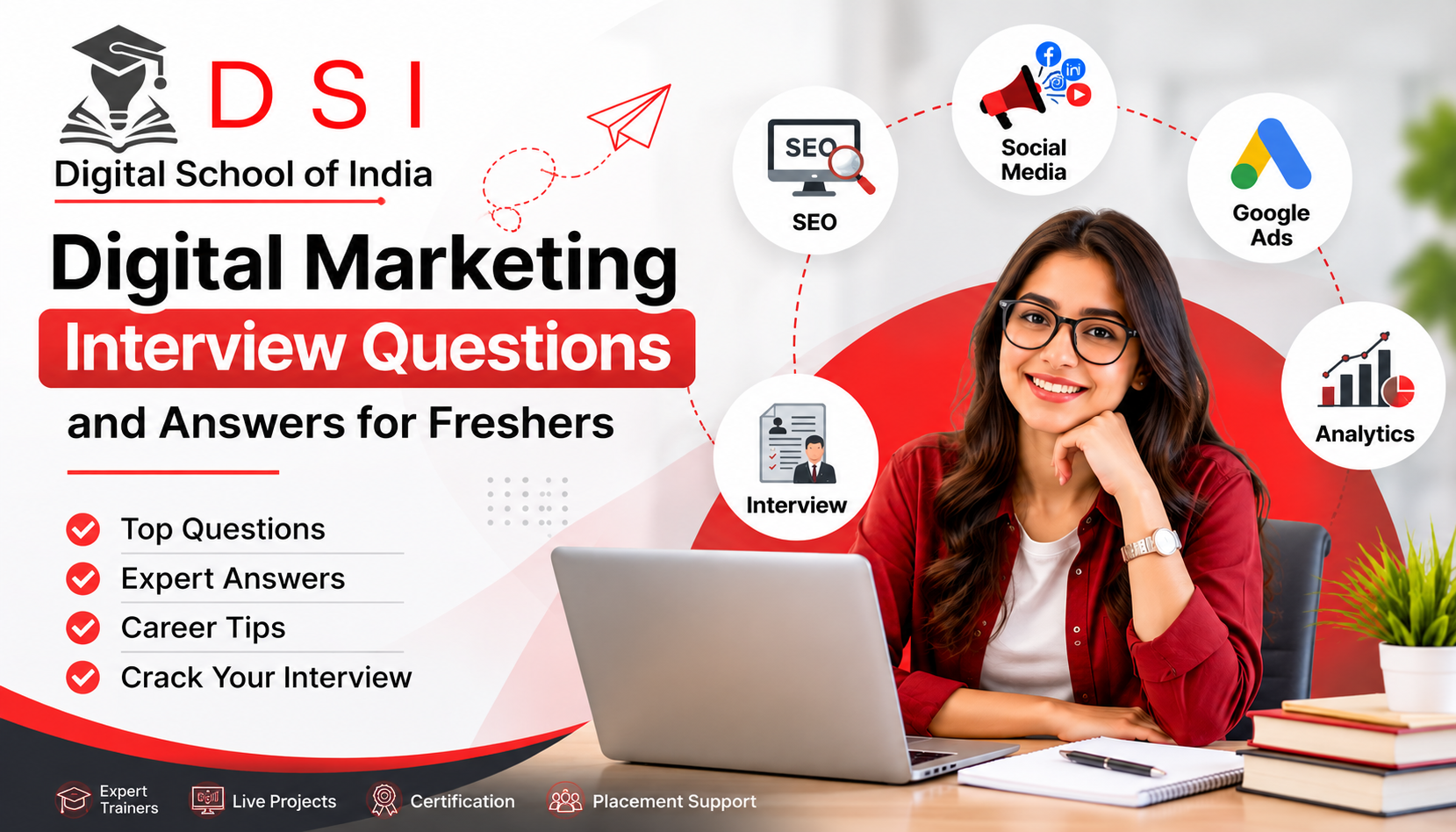 Digital Marketing Interview Questions and Answers for Freshers banner by DSI – Digital School of India featuring SEO, Social Media Marketing, Google Ads, Analytics, and interview preparation topics.