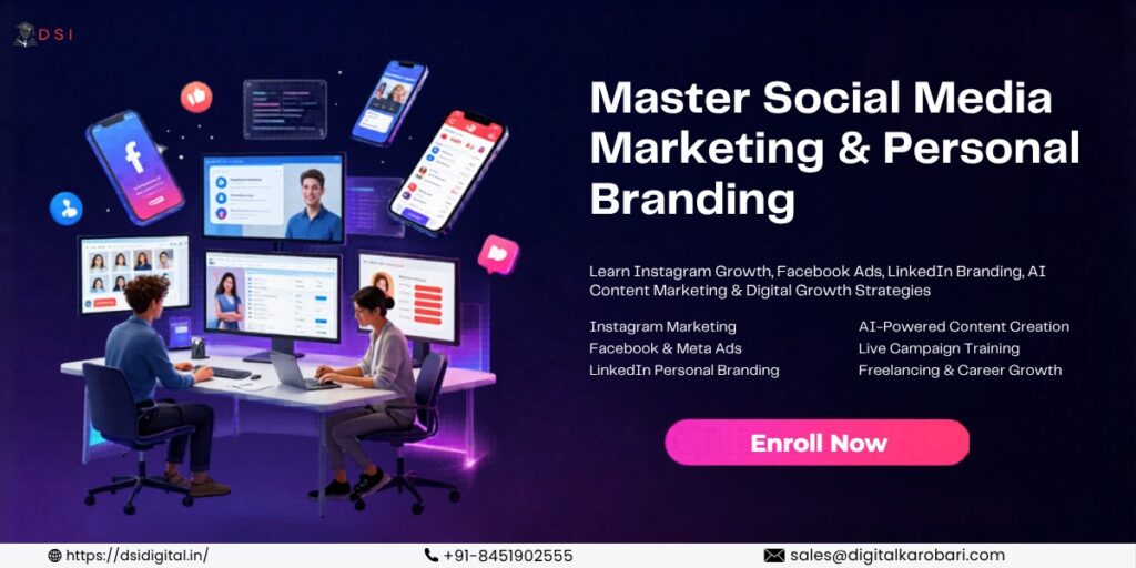 Social Media Mastery Course in India by DSI Digital covering Instagram marketing, Facebook advertising, LinkedIn branding, AI-powered social media marketing, content creation, and digital growth strategies.