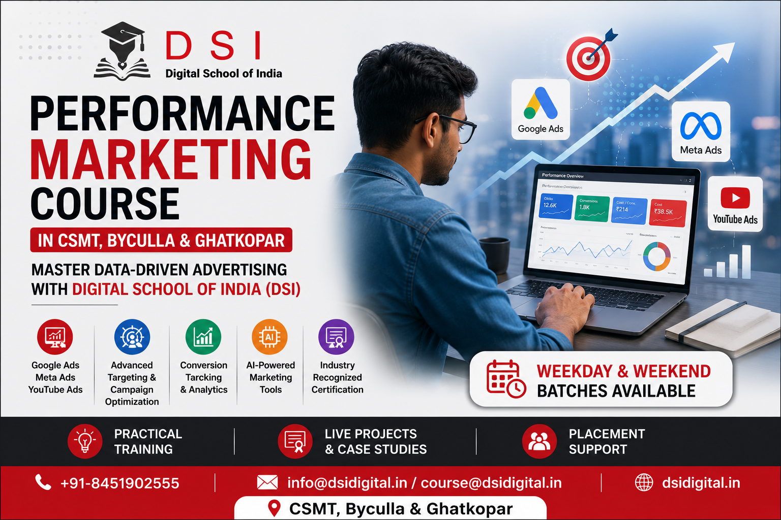 Performance Marketing Course banner by Digital School of India (DSI) featuring Google Ads, Meta Ads, AI-powered marketing tools, and training for students in CSMT, Byculla & Ghatkopar.