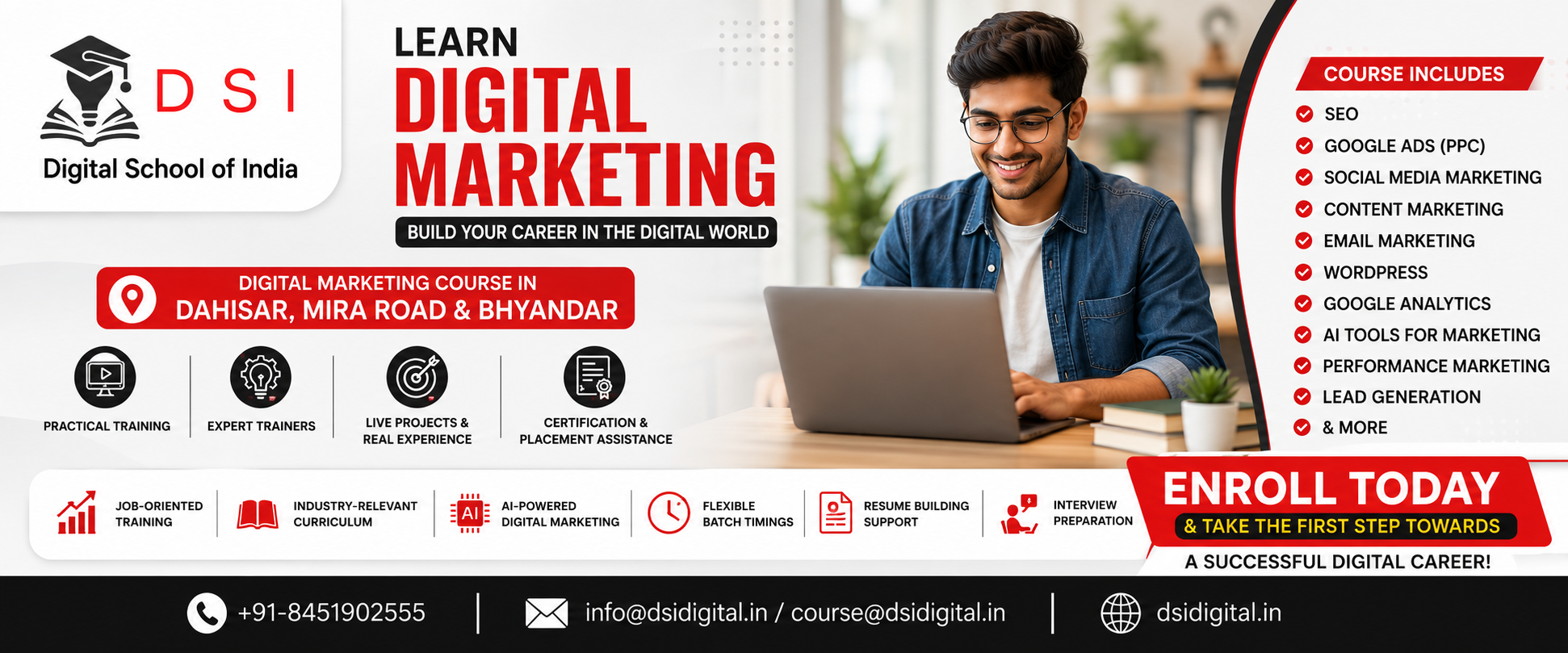 Banner promoting the Digital Marketing Course by DSI – Digital School of India in Dahisar, Mira Road & Bhayandar, featuring a student using a laptop, course modules including SEO, Google Ads, Social Media Marketing, AI-powered digital marketing, live projects, certification, placement assistance, and contact details for enrollment.