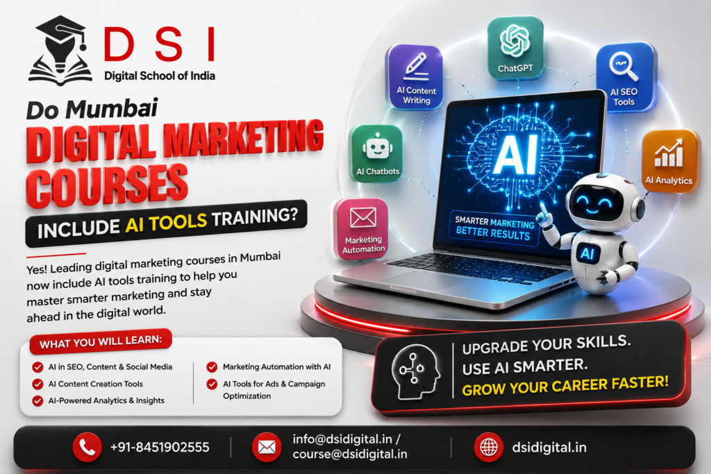 DSI – Digital School of India banner promoting AI tools training in a digital marketing course with modern AI graphics, institute branding, and contact information.