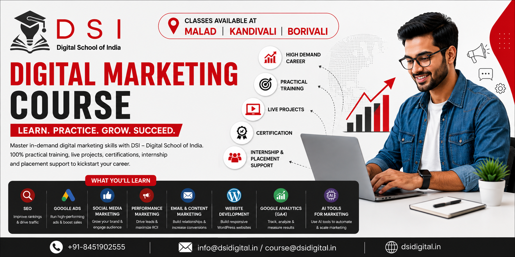 DSI – Digital School of India digital marketing course banner featuring the DSI logo, a professional working on a laptop, and highlights including SEO, Google Ads, Social Media Marketing, Performance Marketing, AI tools, Google Analytics, and Website Development. The banner promotes classroom training in Malad, Kandivali, and Borivali with contact details.