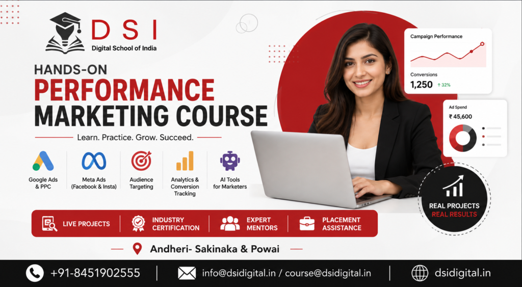 Hands-On Performance Marketing Course banner by DSI Digital School of India featuring Google Ads, Meta Ads, AI tools, live projects, placement assistance, and training for students in Andheri, Sakinaka, and Powai.