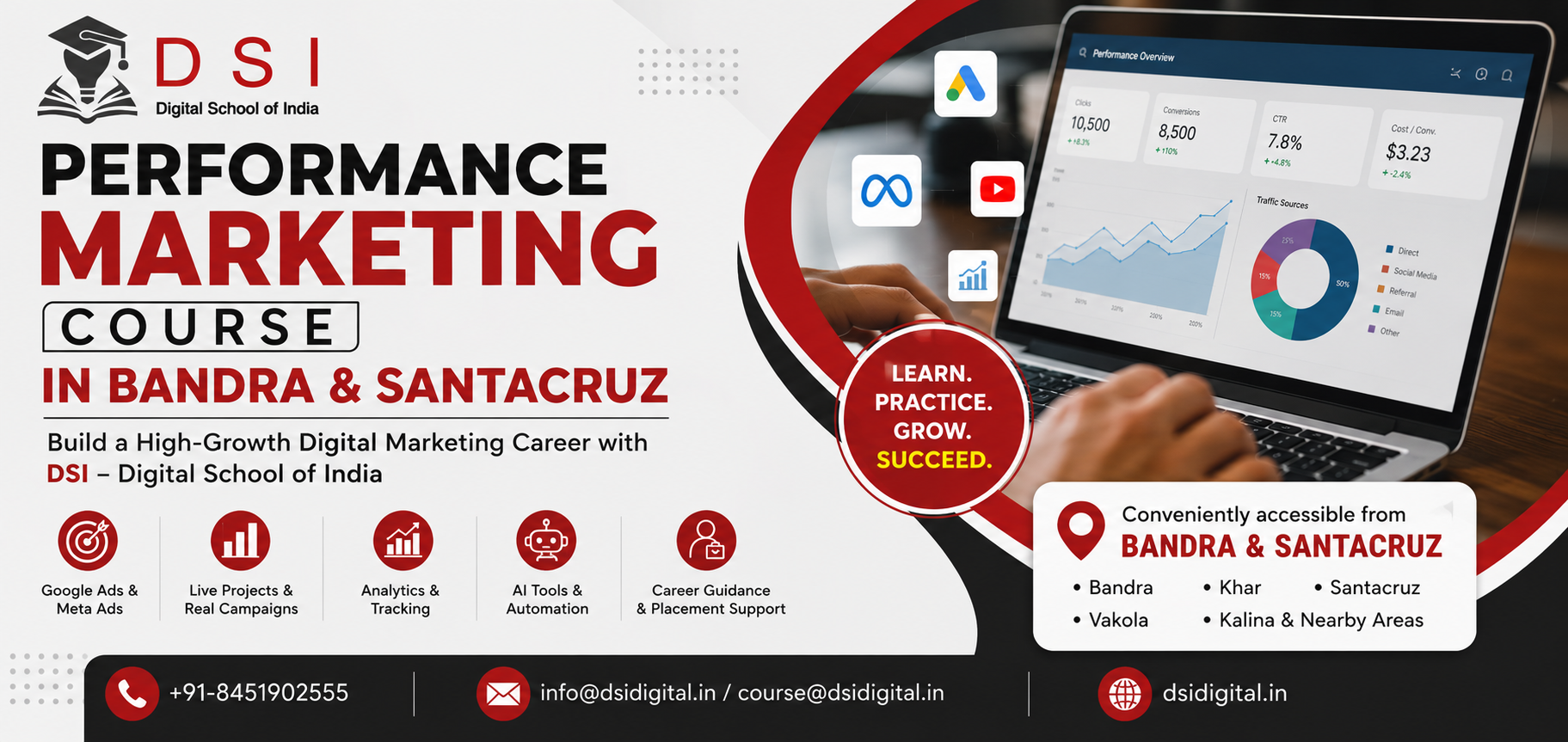 DSI Digital School of India Performance Marketing Course banner promoting high-growth digital marketing training in Bandra & Santacruz, featuring Google Ads, Meta Ads, Analytics, AI tools, live projects, and career support with contact details and nearby locations.