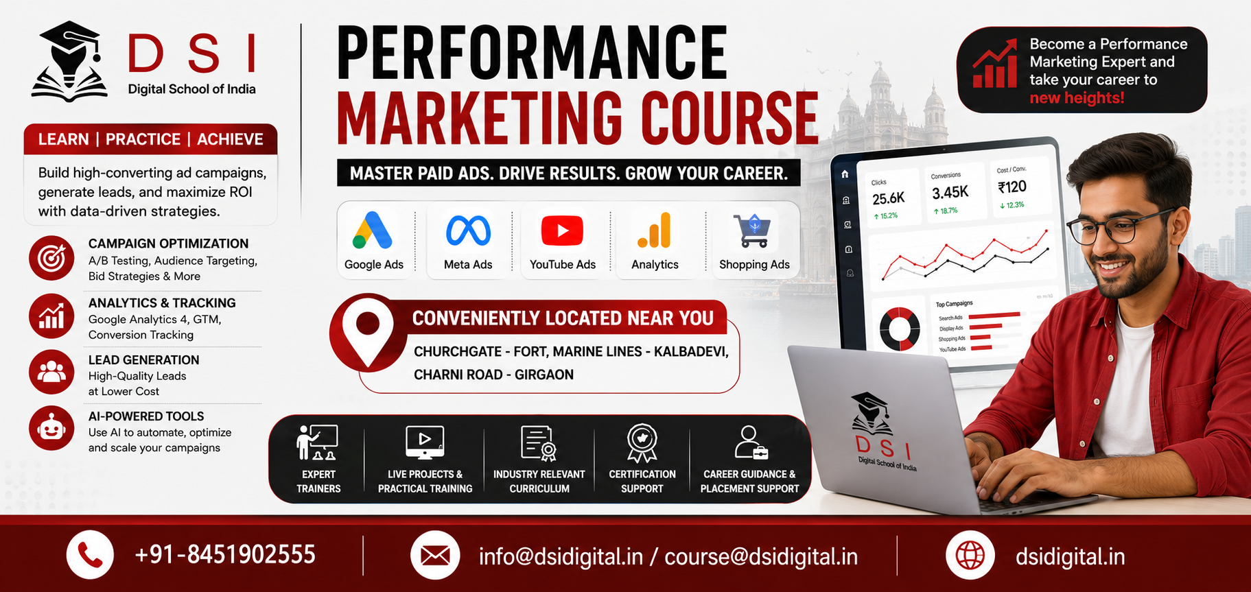 DSI Digital School of India Performance Marketing Course banner featuring Google Ads, Meta Ads, analytics training, performance marketing skills, and South Mumbai locations.