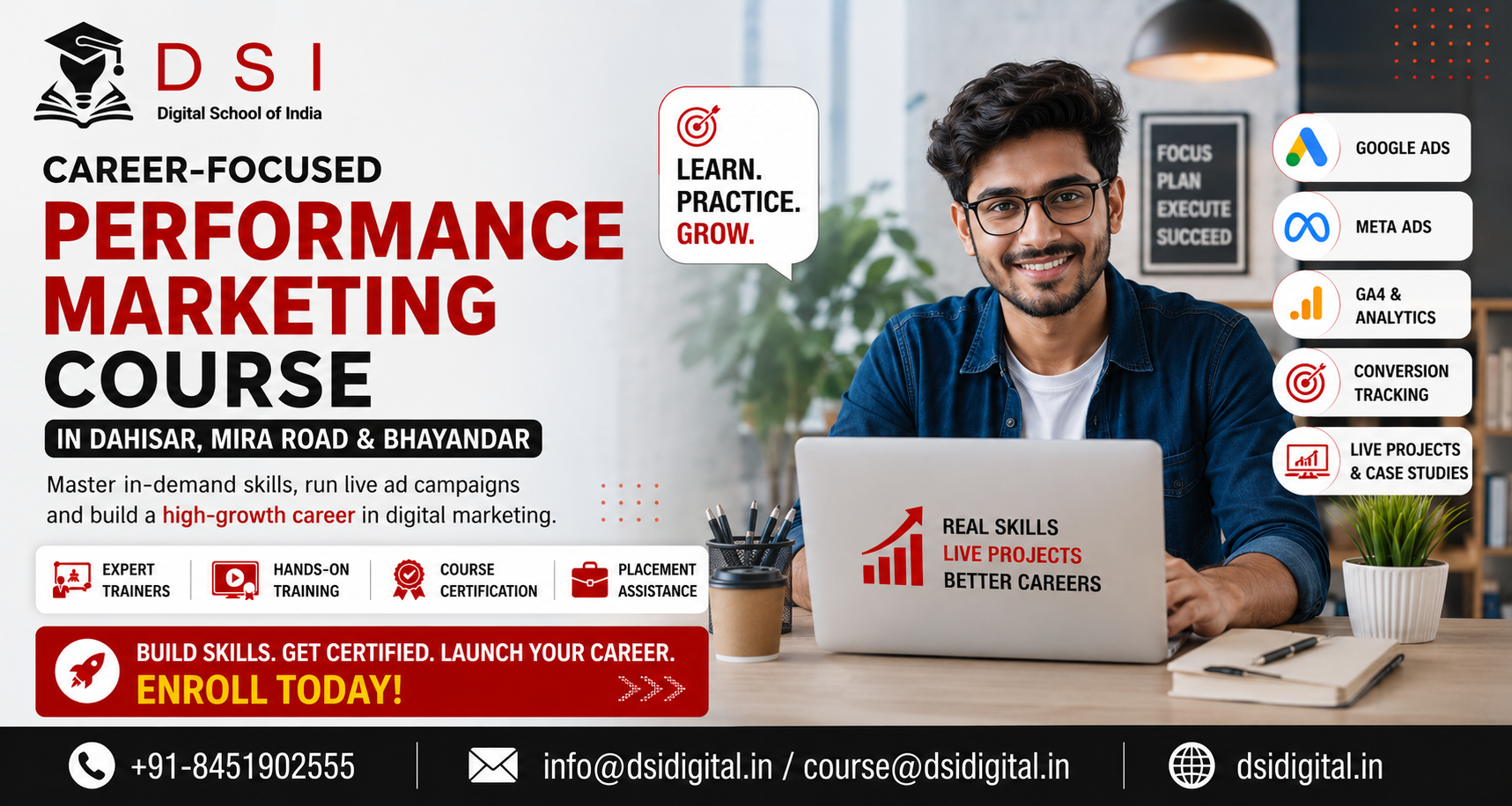 DSI – Digital School of India banner promoting a career-focused Performance Marketing Course in Dahisar, Mira Road, and Bhayandar with hands-on training and placement support.