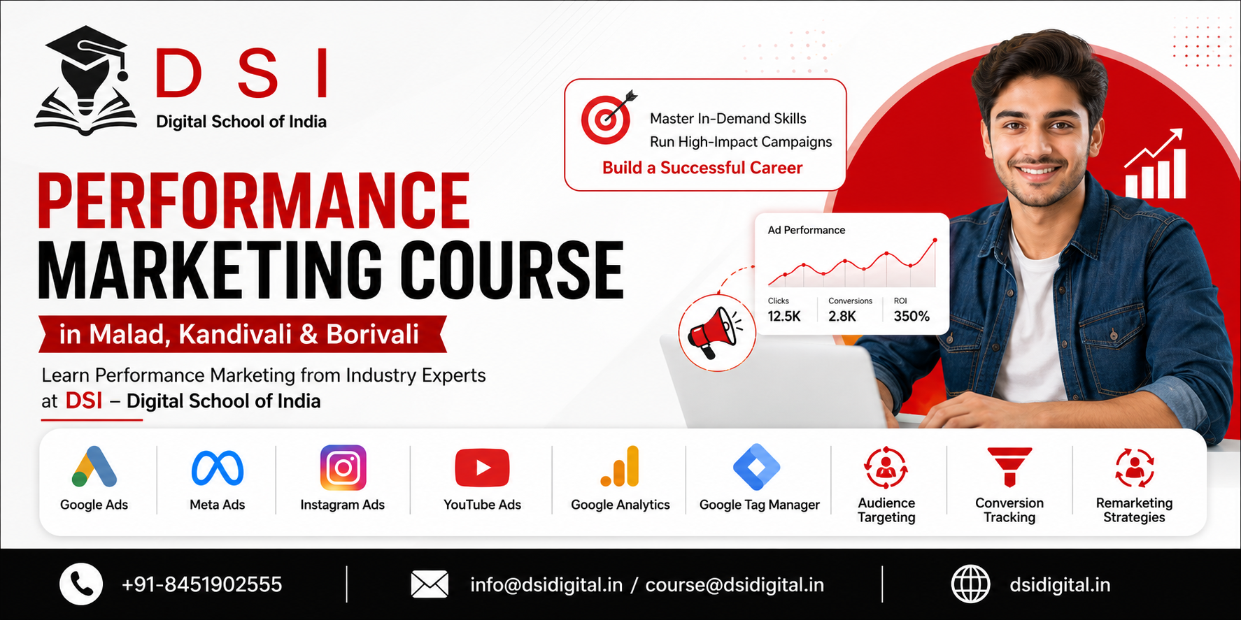 Performance Marketing Course banner by DSI Digital School of India showcasing Google Ads, Meta Ads, analytics training, and digital marketing career opportunities.