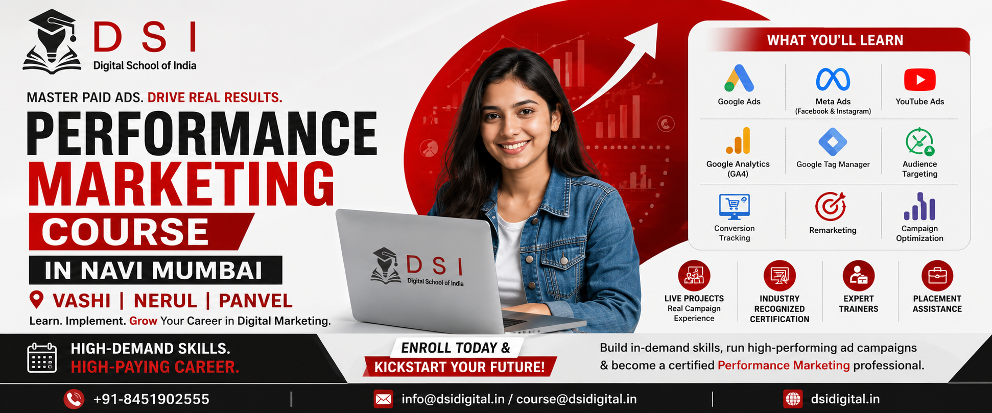 Banner promoting the Performance Marketing Course in Navi Mumbai by DSI – Digital School of India, highlighting Vashi, Nerul, and Panvel, with Google Ads, Meta Ads, YouTube Ads, Google Analytics, live projects, certification, placement assistance, and contact details.
