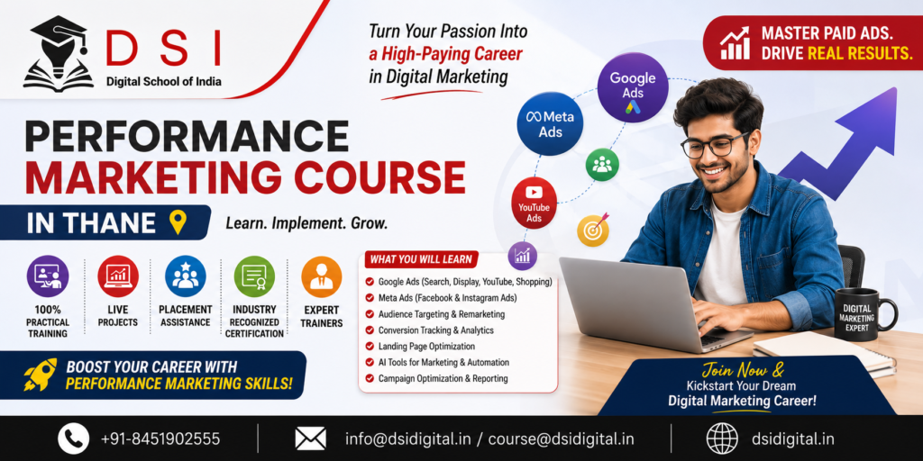 Banner promoting the Performance Marketing Course in Thane by DSI – Digital School of India, featuring a digital marketer using a laptop, Google Ads and Meta Ads icons, course highlights such as live projects, practical training, placement assistance, certification, and expert trainers, along with DSI's contact details.