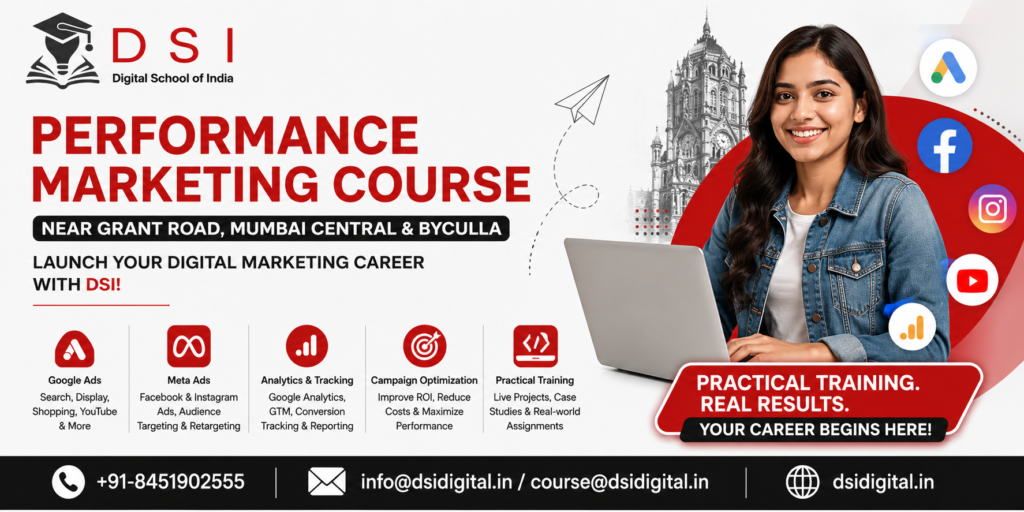 Performance Marketing Course poster by DSI – Digital School of India showcasing Google Ads, Meta Ads, digital advertising training, and career opportunities for students in Grant Road, Mumbai Central, and Byculla.