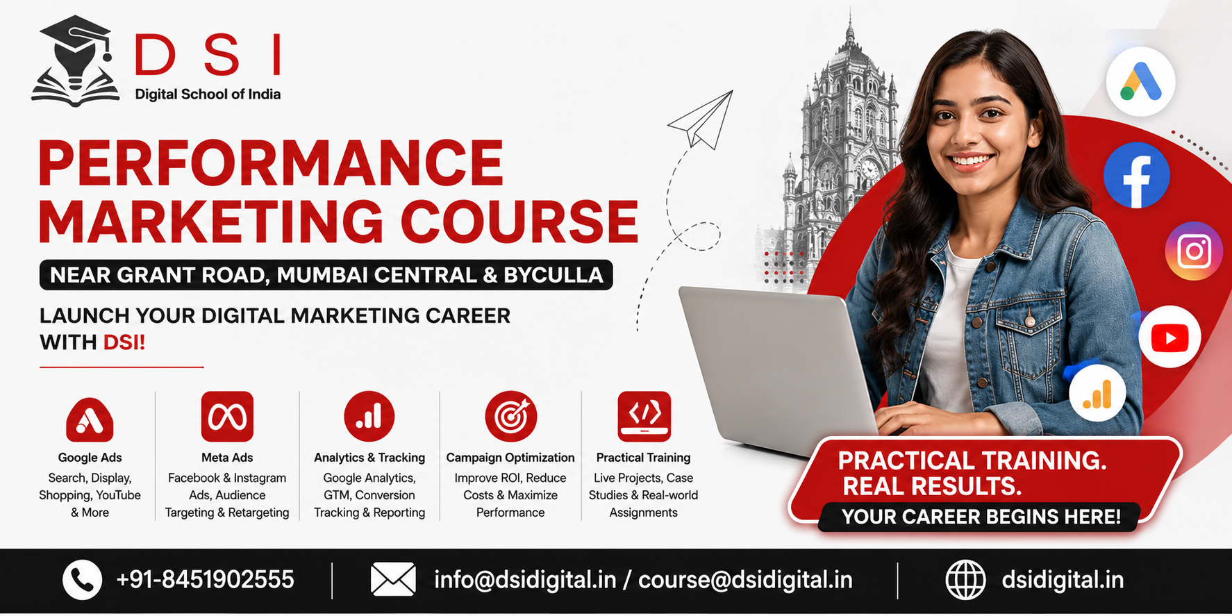 Performance Marketing Course poster by DSI – Digital School of India showcasing Google Ads, Meta Ads, digital advertising training, and career opportunities for students in Grant Road, Mumbai Central, and Byculla.
