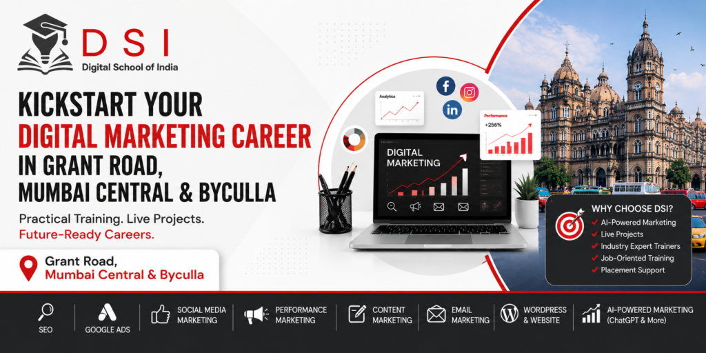 DSI (Digital School of India) banner promoting a Digital Marketing Course in Grant Road, Mumbai Central (Byculla), featuring the institute logo, digital marketing graphics, laptop, Mumbai city backdrop, and course modules including SEO, Google Ads, Social Media Marketing, Performance Marketing, Content Marketing, Email Marketing, WordPress, Analytics, and AI-Powered Marketing.