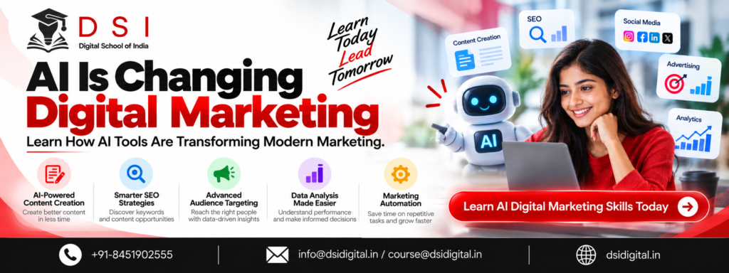 AI in digital marketing banner by DSI – Digital School of India featuring AI tools, content creation, SEO, social media marketing, and analytics.