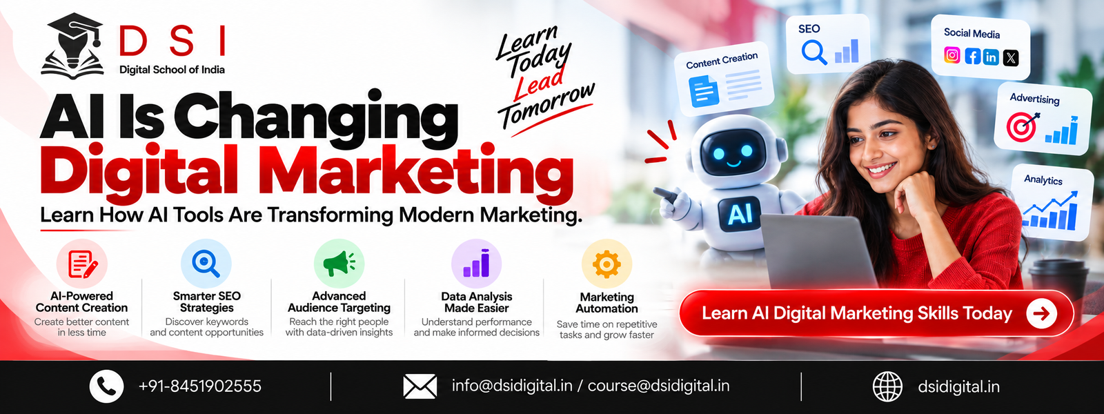 AI in digital marketing banner by DSI – Digital School of India featuring AI tools, content creation, SEO, social media marketing, and analytics.