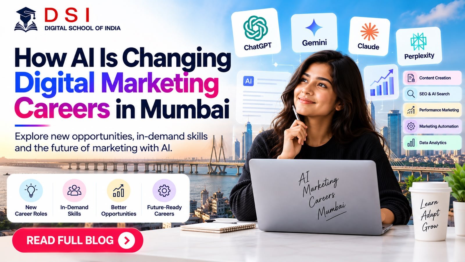 DSI Digital School of India banner about how AI is changing digital marketing careers in Mumbai, featuring AI tools, marketing skills, and future career opportunities.